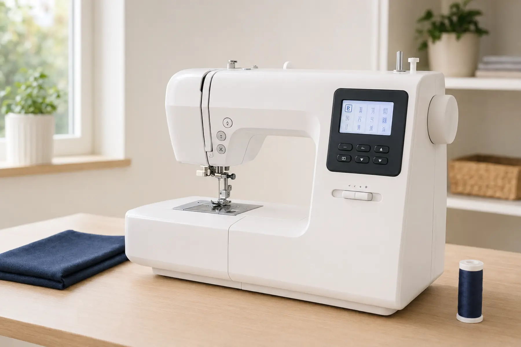 Modern computerized sewing machine with an LCD control panel on a bright worktable