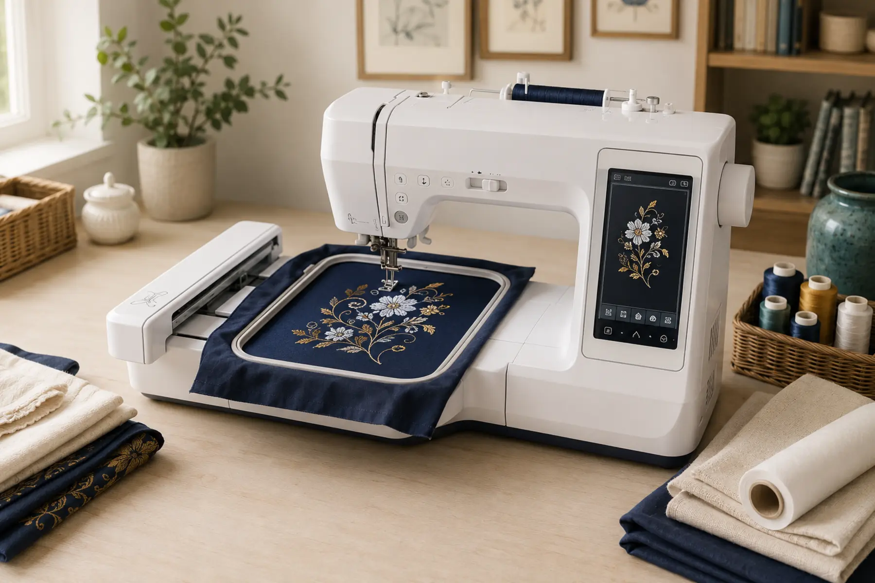 Computerized embroidery and sewing machine stitching navy and gold floral embroidery