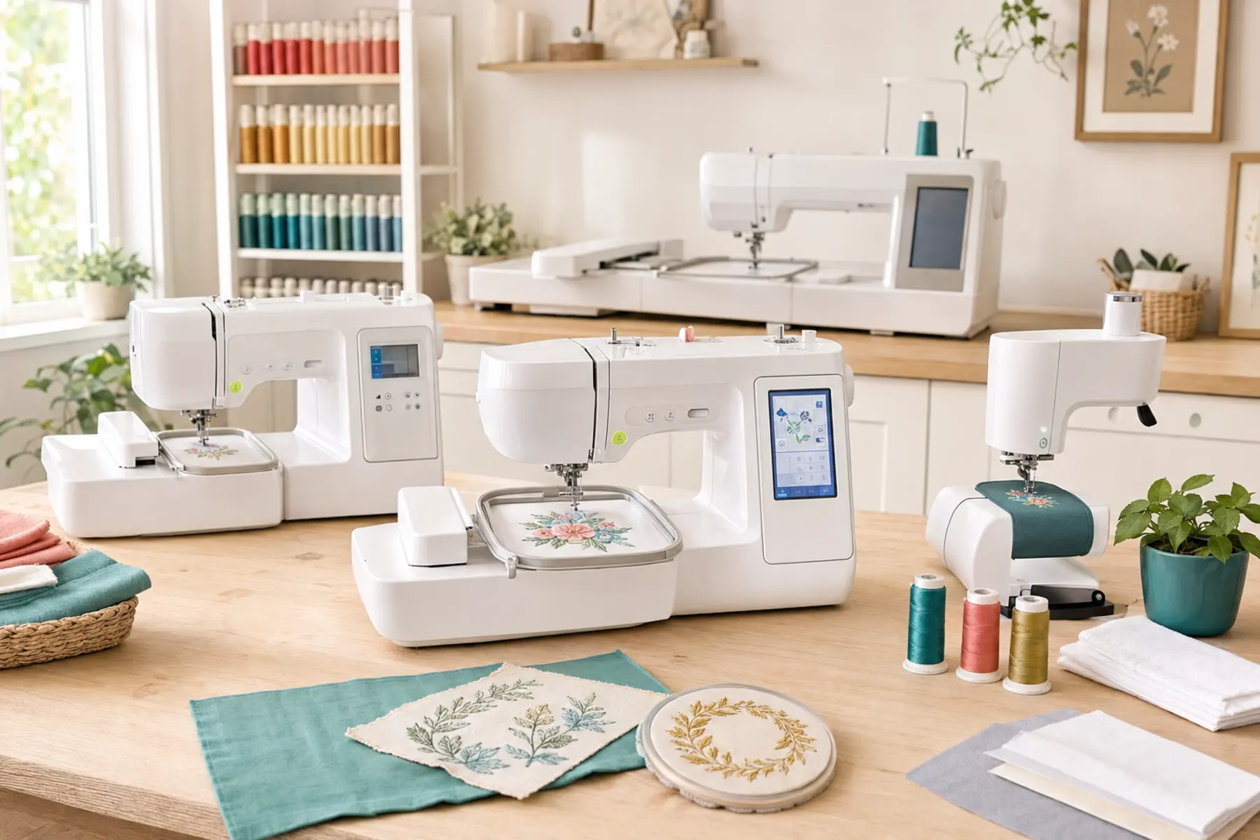 Beginner embroidery machines showing compact 4 × 4, larger 5 × 7 and free-arm embroidery formats