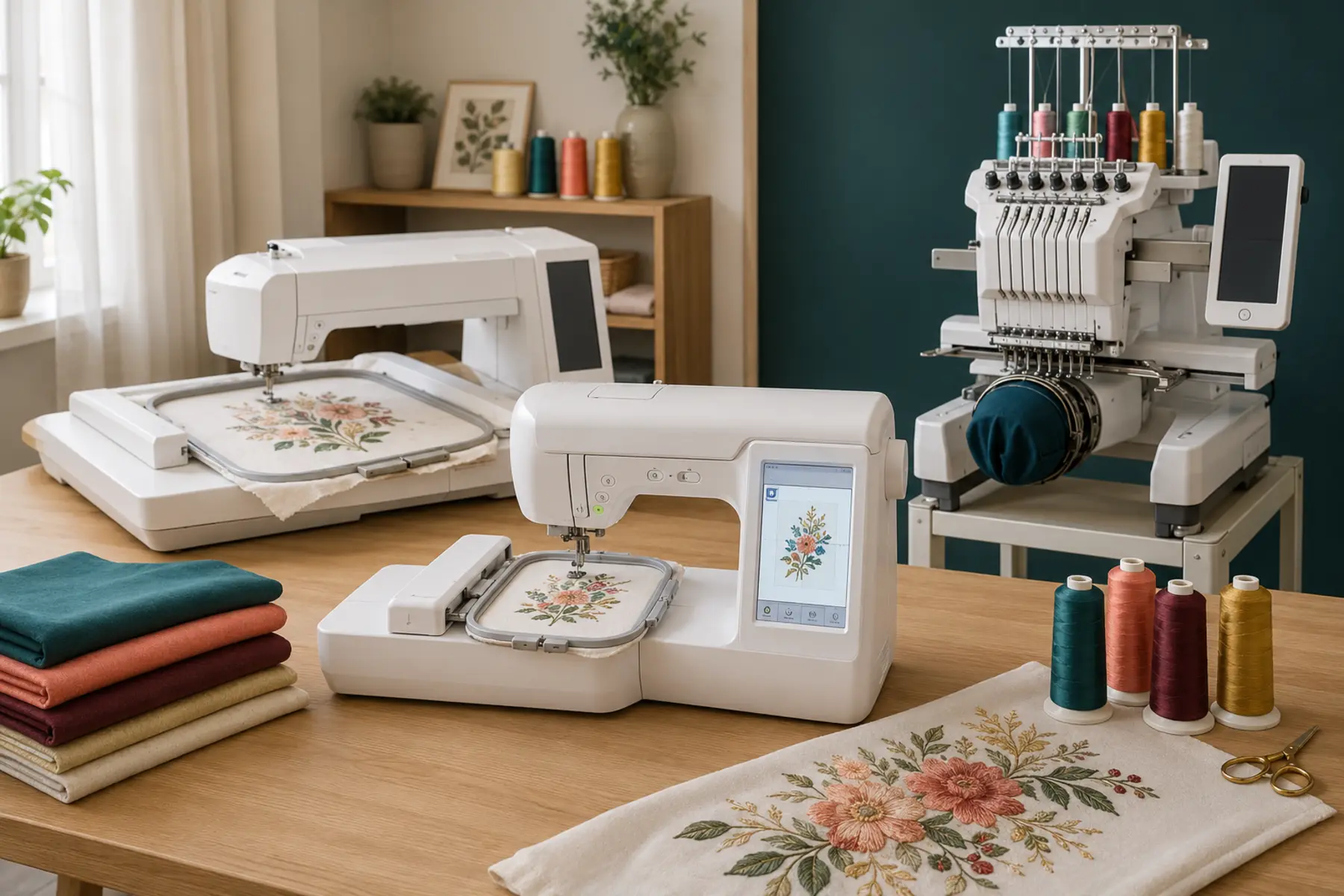 Compact and large-field home embroidery machines beside a multi-needle commercial embroidery machine