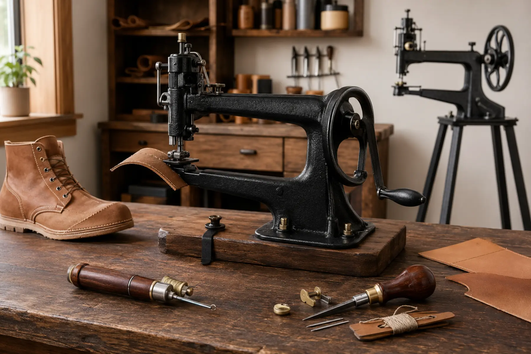 Hand leather sewing tools including two wooden sewing awls, a bench-mounted manual cobbler patcher and a tripod patcher