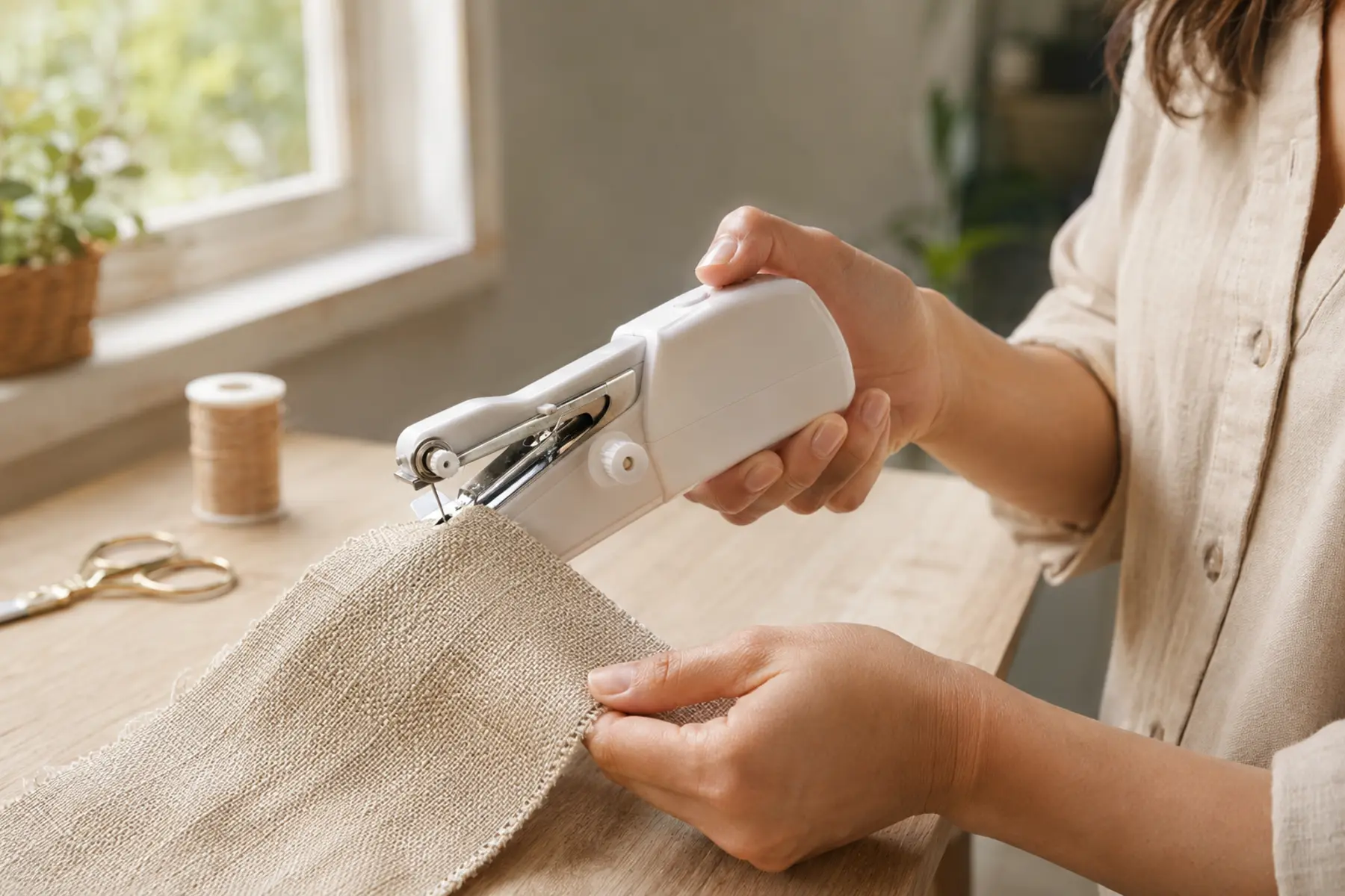 Handheld sewing machine stitching a light fabric hem by a sunny window