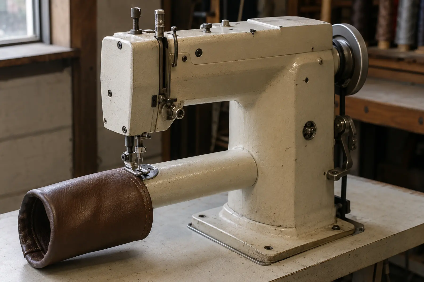 Short-bed industrial sewing machine set up for stitching leather