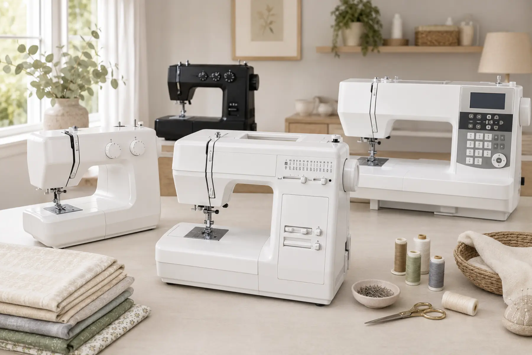Janome sewing machine range showing compact mechanical, robust heavy-duty and wide-flatbed computerized formats