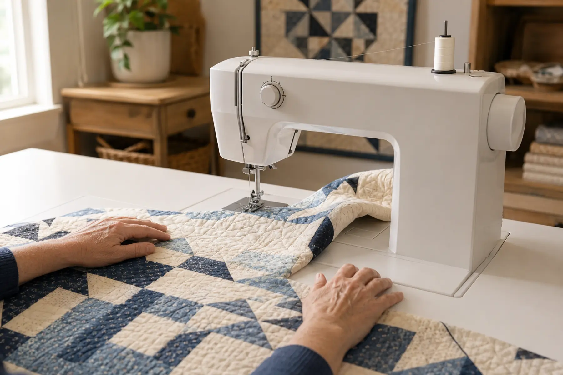 Large-throat quilting machine guiding a patchwork quilt in a real sewing studio