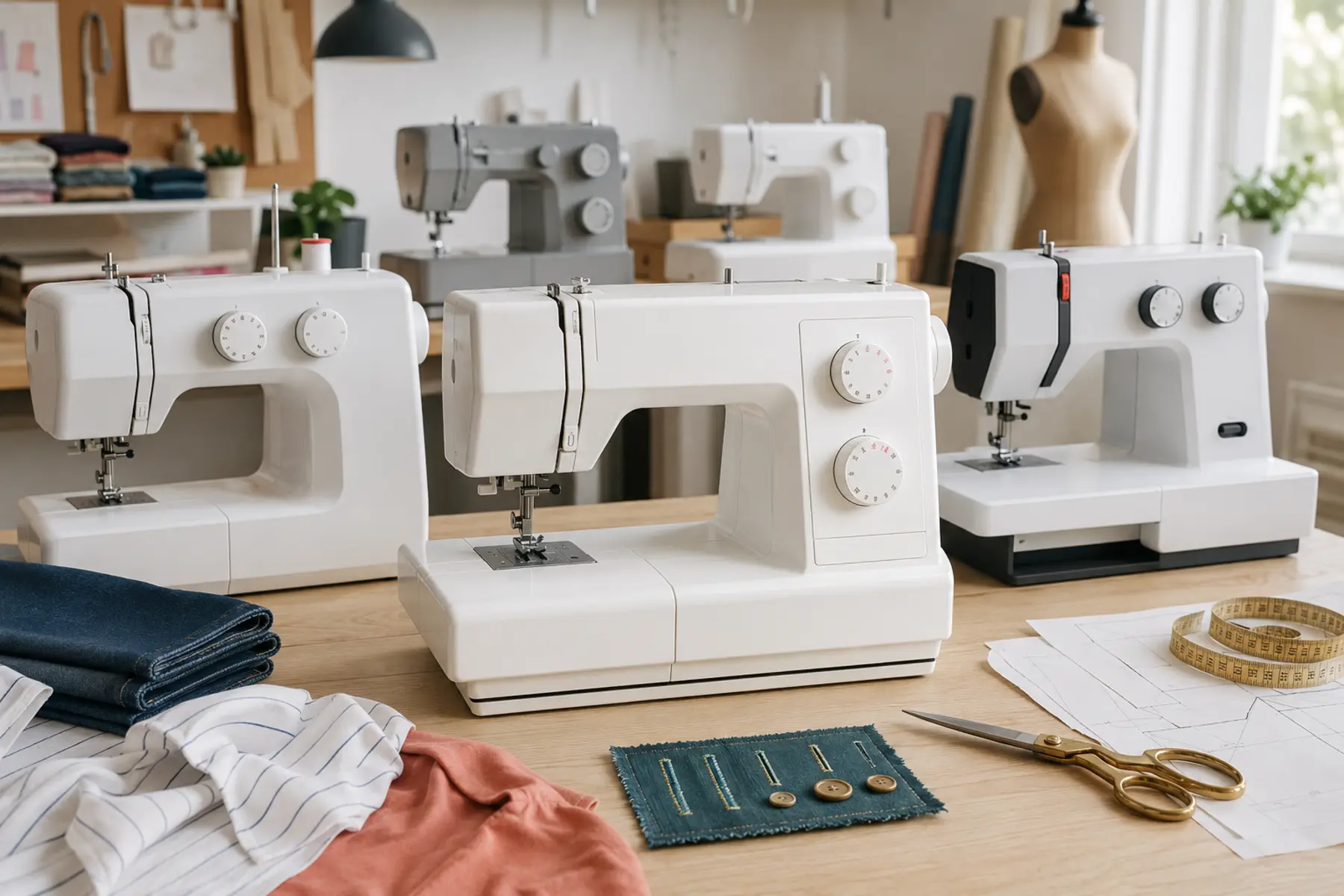 Cross-brand mechanical sewing machines with physical stitch dials arranged in a garment-making studio