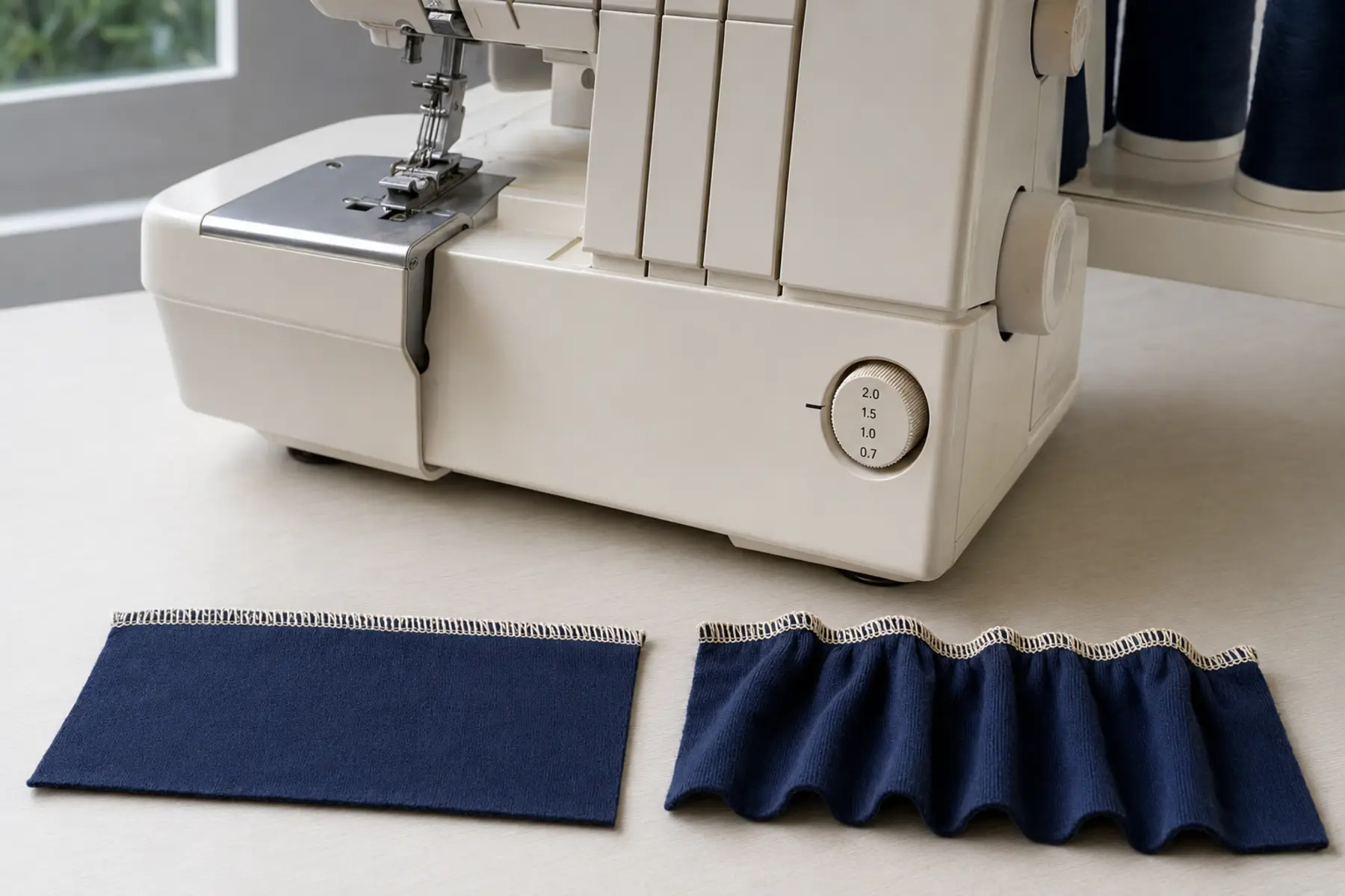 Overlock sewing machine with finished serged fabric samples in a bright sewing studio