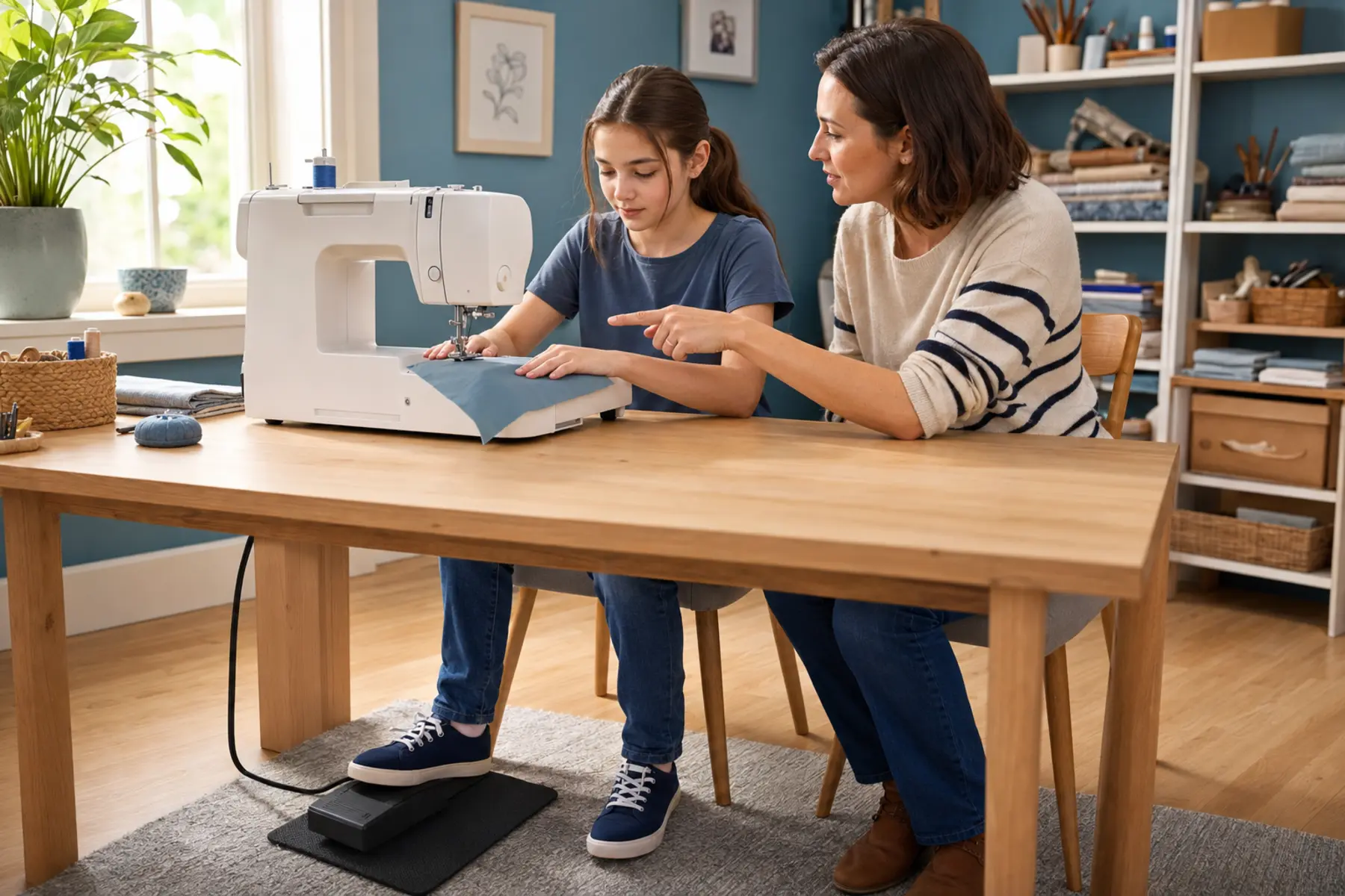 A child learning to sew safely with adult guidance in a bright sewing room