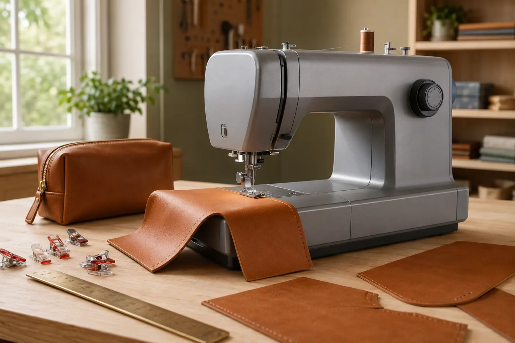 Heavy-duty sewing machine stitching brown leather in a sunlit sewing studio
