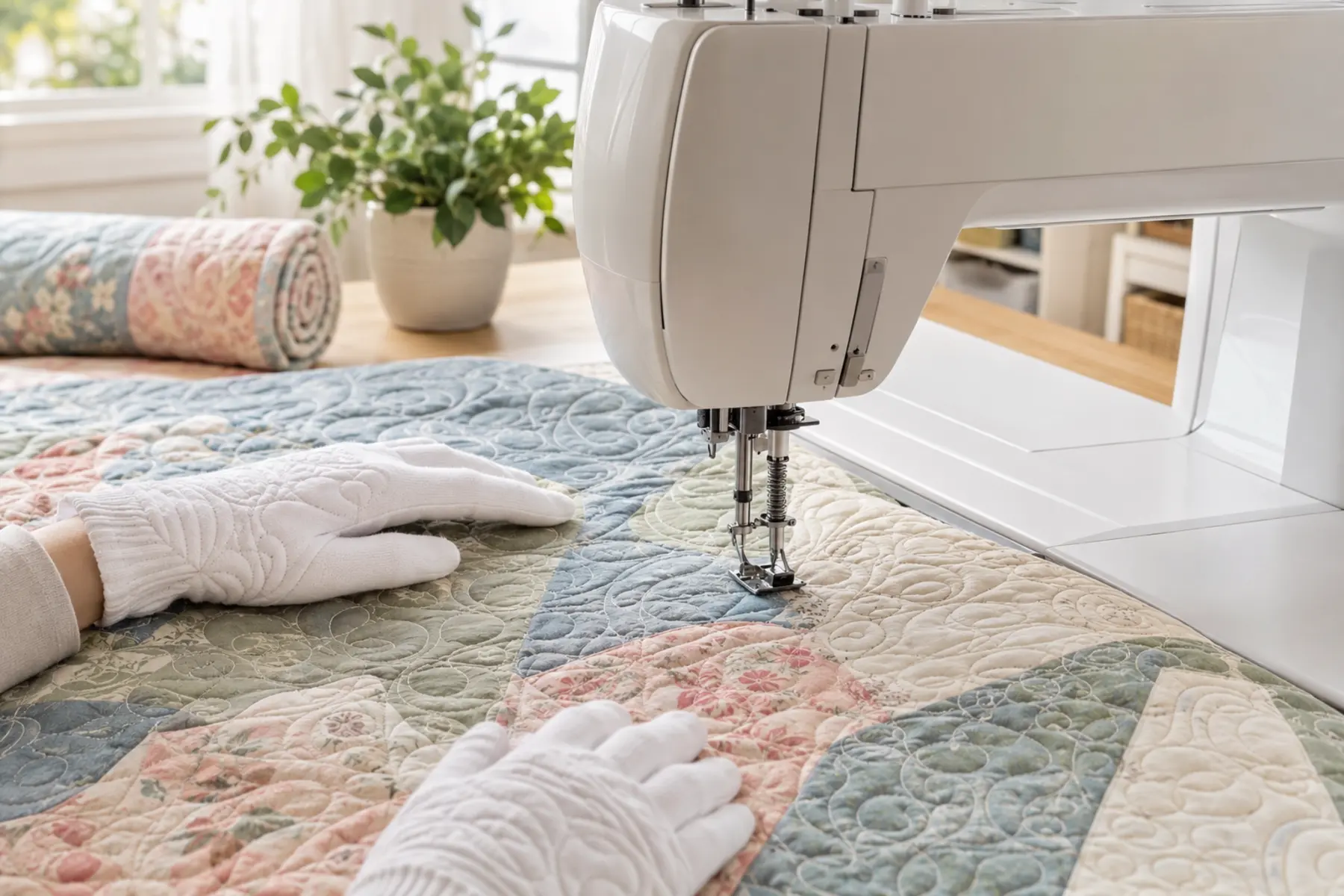Free-motion quilting on a sewing machine in a bright daylight studio