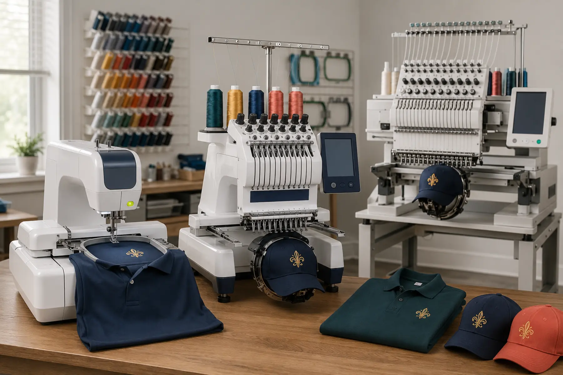 Single-needle and multi-needle tubular embroidery machines producing embroidered polo shirts and structured caps