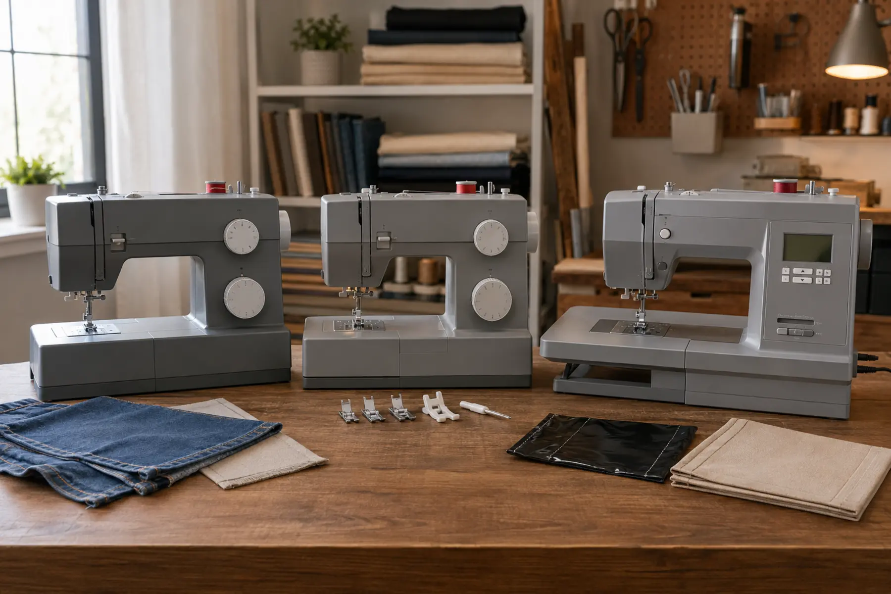 Singer Heavy Duty sewing machine range with mechanical 4423 and 4452 styles beside a computerized 6800C-style model