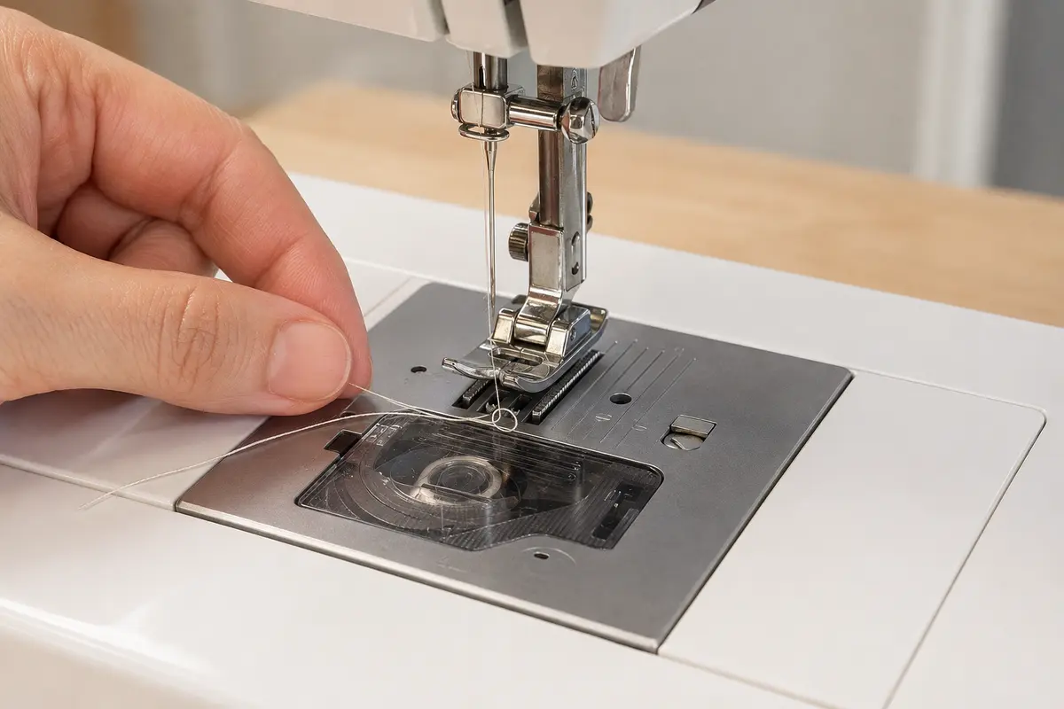 Bringing up the sewing machine bobbin thread Hand lifting a loop of bobbin thread through the sewing machine needle plate
