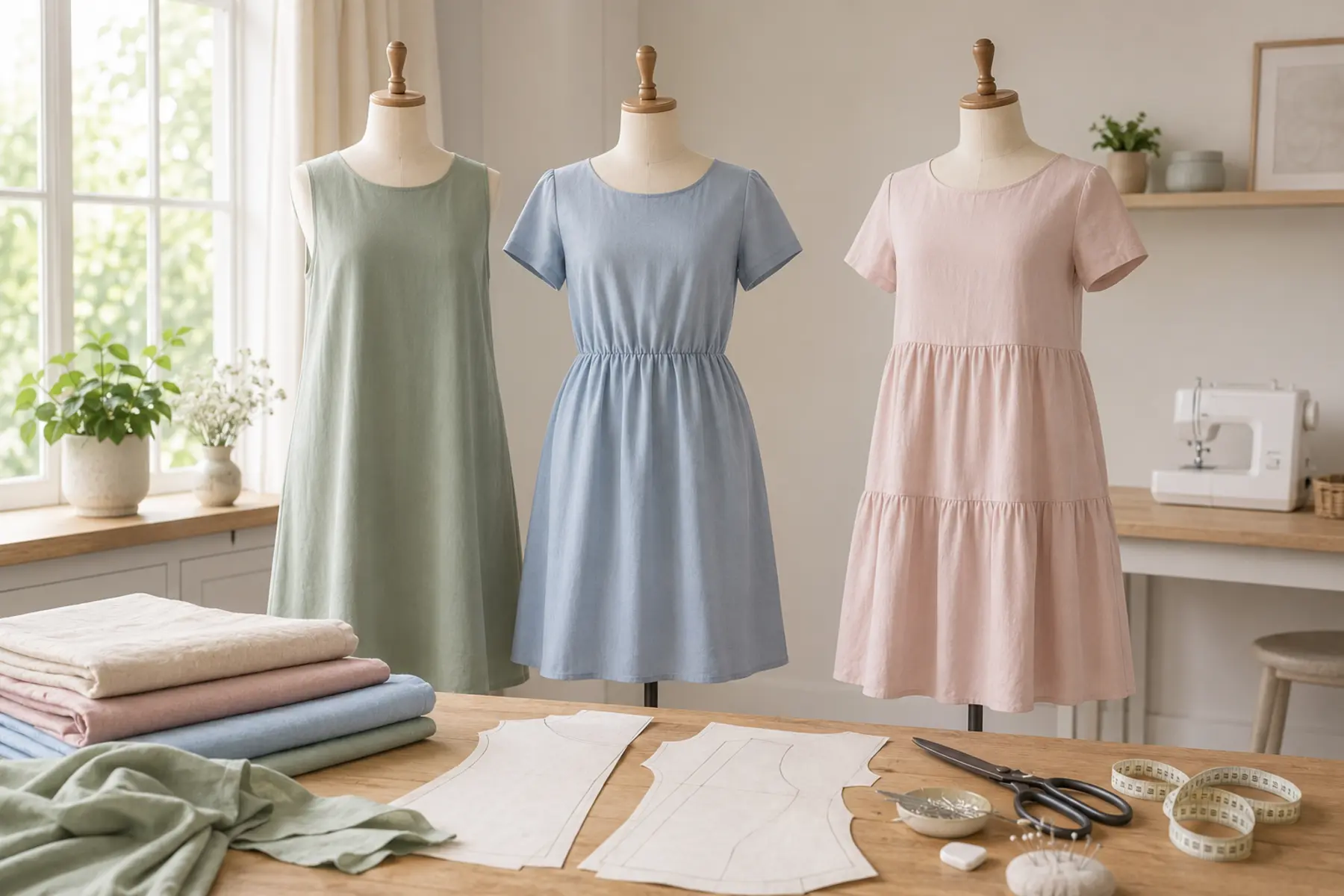 Beginner-friendly shift, elastic-waist and tiered handmade dresses displayed with simple sewing pattern pieces