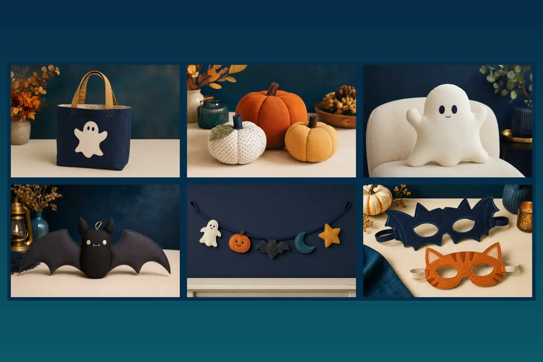 Six finished Halloween sewing ideas including a trick-or-treat bag, fabric pumpkins, ghost pillow, bat plush, felt garland, and eye masks