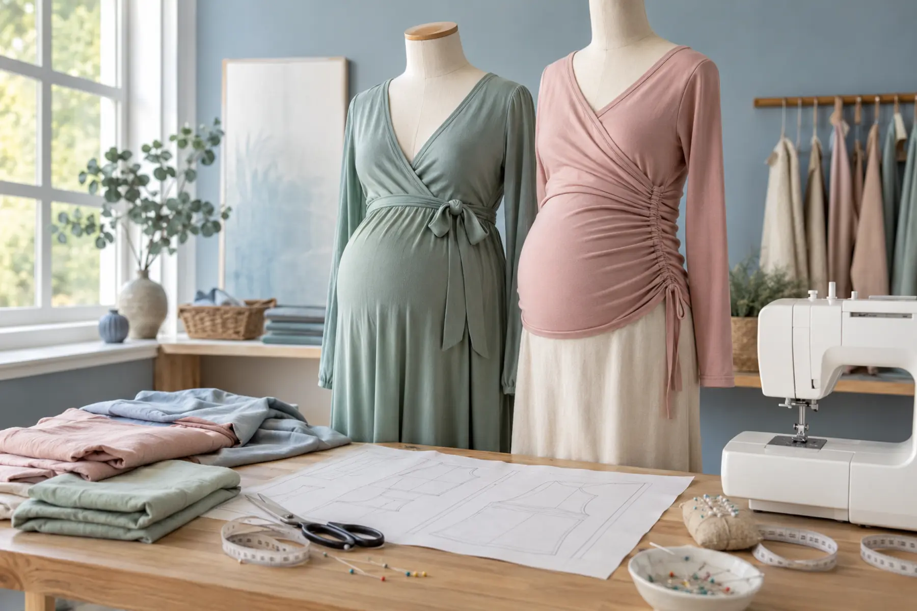 Handmade wrap dress and side-ruched maternity top displayed with sewing patterns in a bright studio