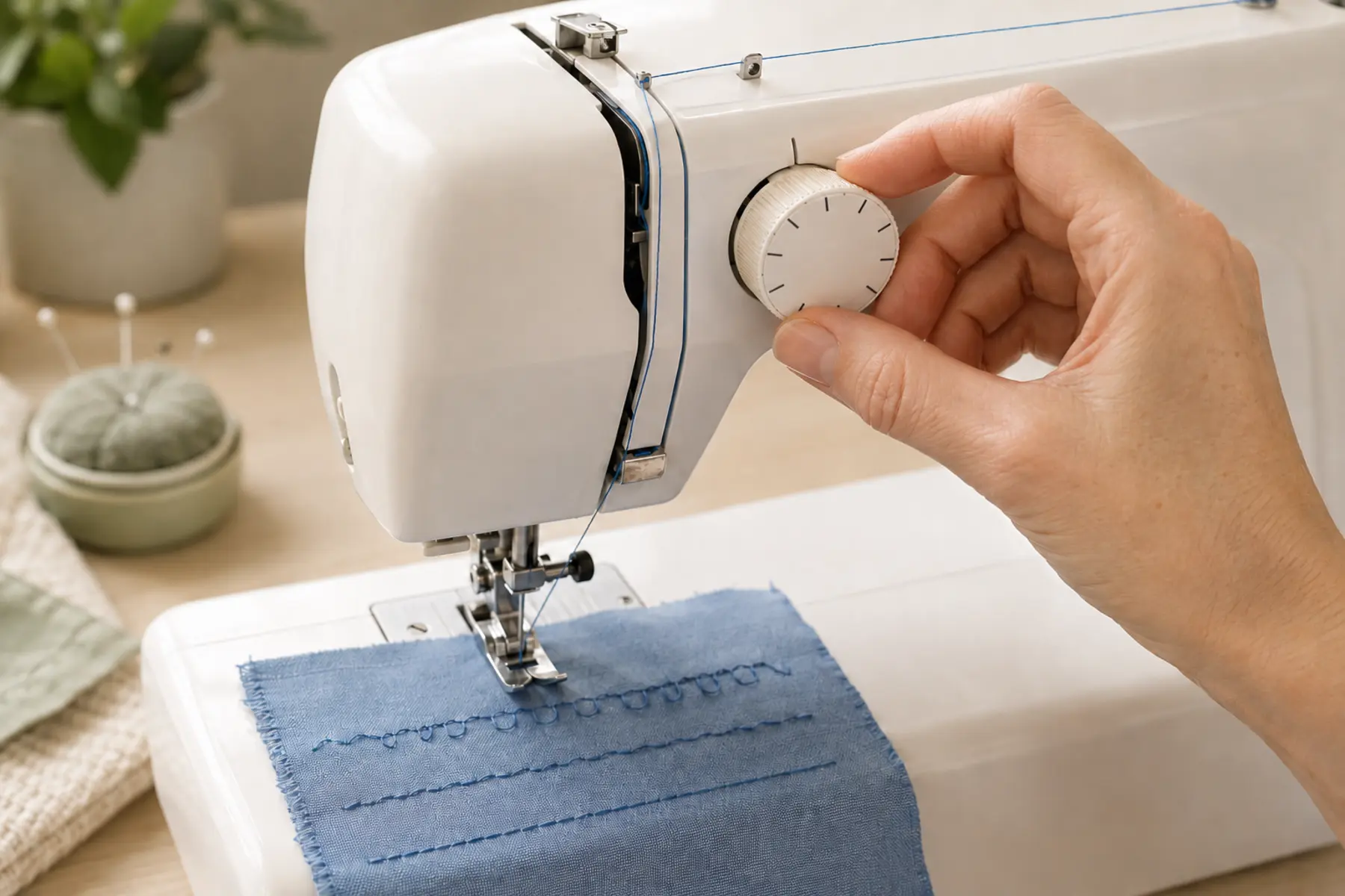 Hand adjusting a sewing machine tension dial beside a stitch test sample