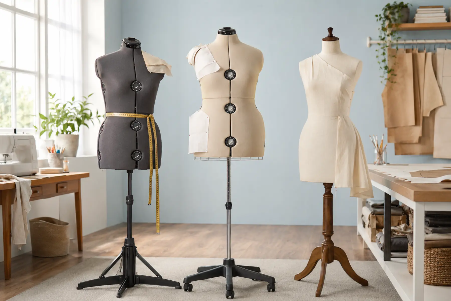 Adjustable dial dress forms and a fixed pinnable dress form compared in a sewing studio