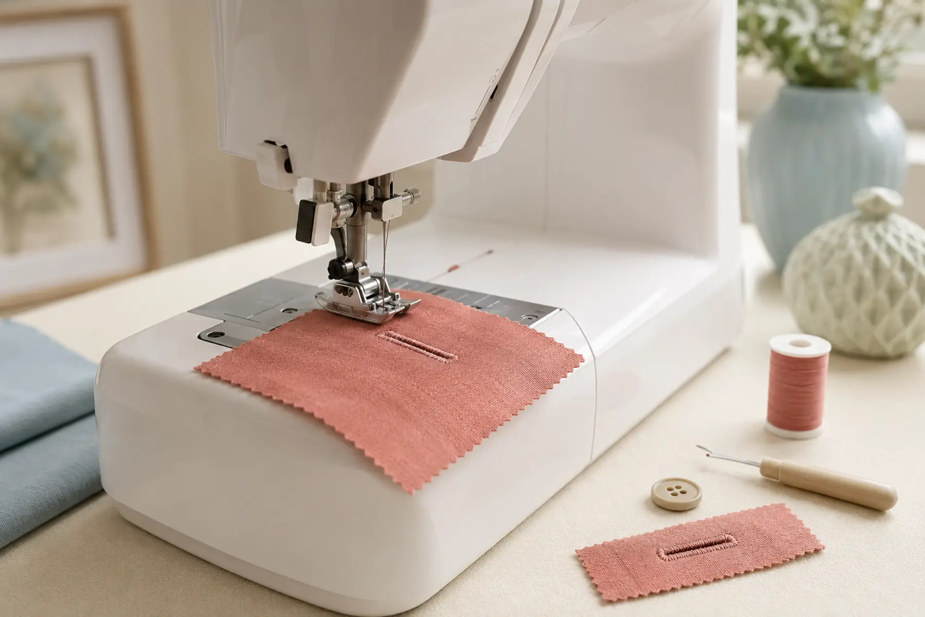 Close-up of a sewing machine stitching a buttonhole into dusty coral fabric beside a finished buttonhole and button