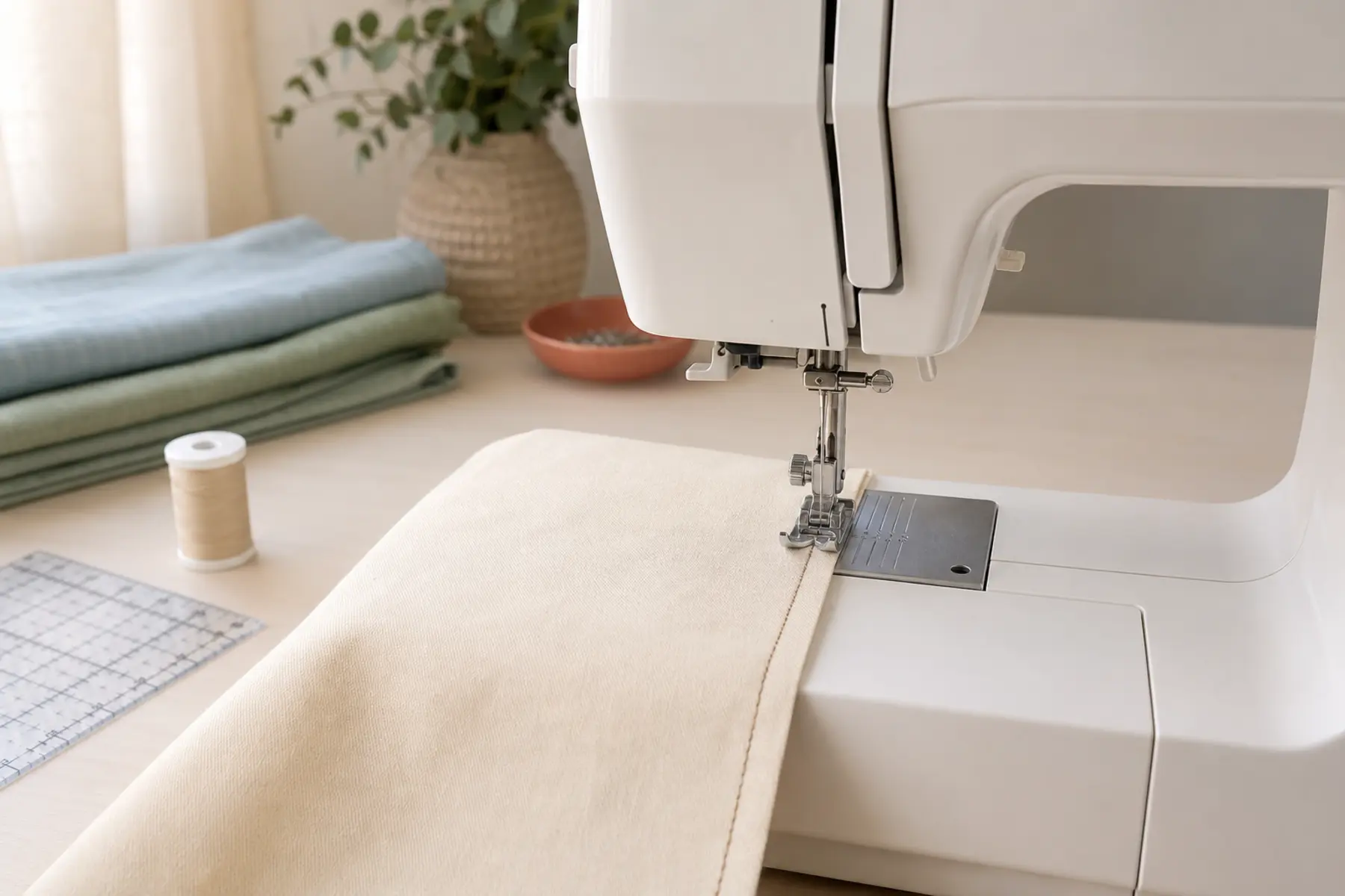 Sewing machine creating a straight seam along the edge of cream fabric using the needle plate guide