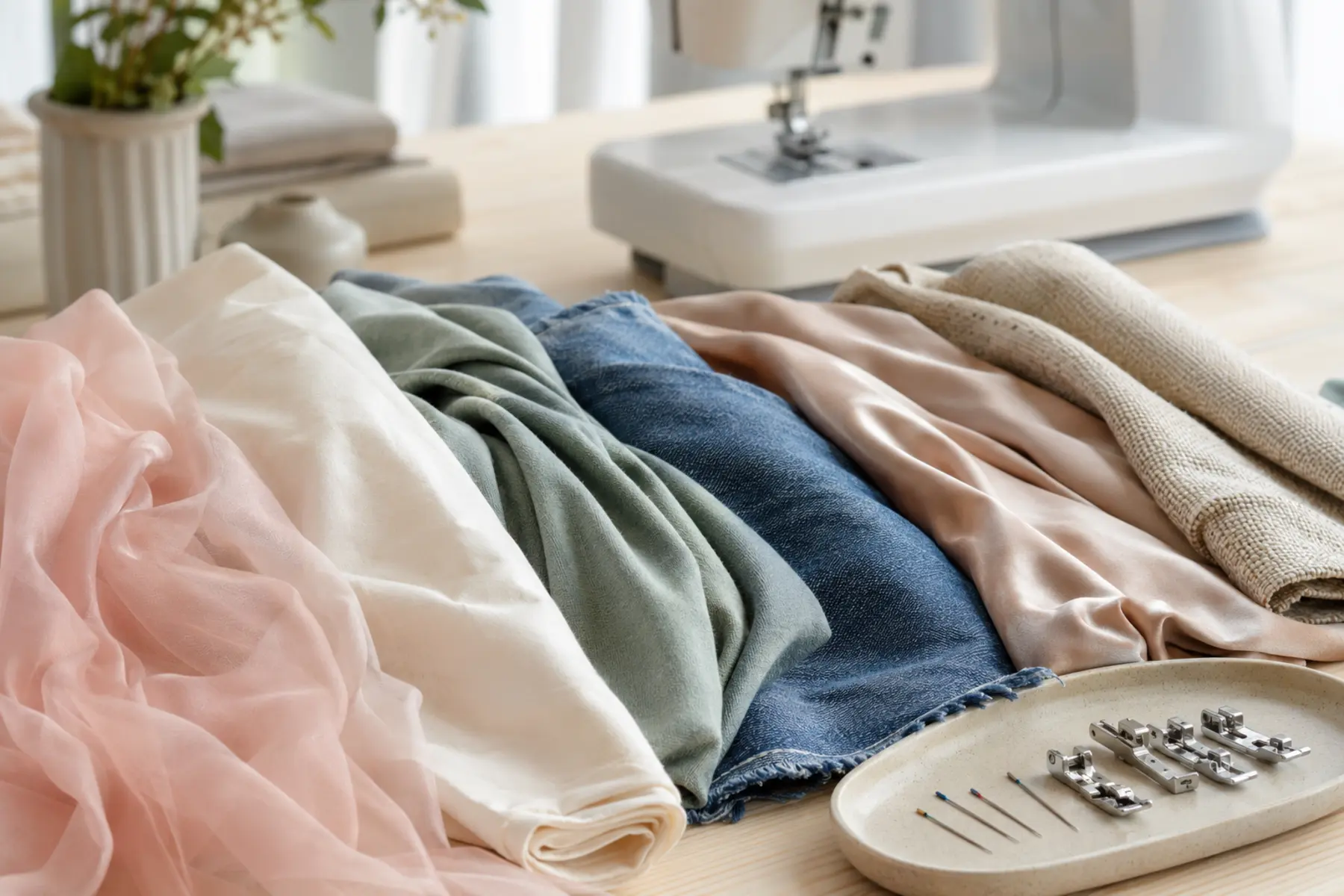 Chiffon, cotton, knit, denim, satin and upholstery fabrics arranged beside a sewing machine with needles and presser feet