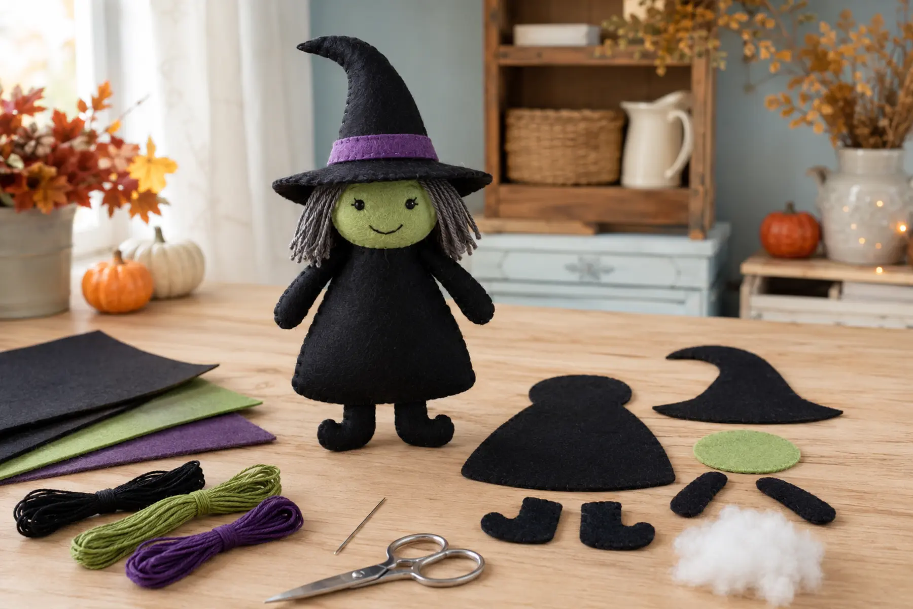 How to Sew a Halloween Witch Doll with Felt Handmade black felt Halloween witch doll with simple pattern pieces, embroidery floss and stuffing