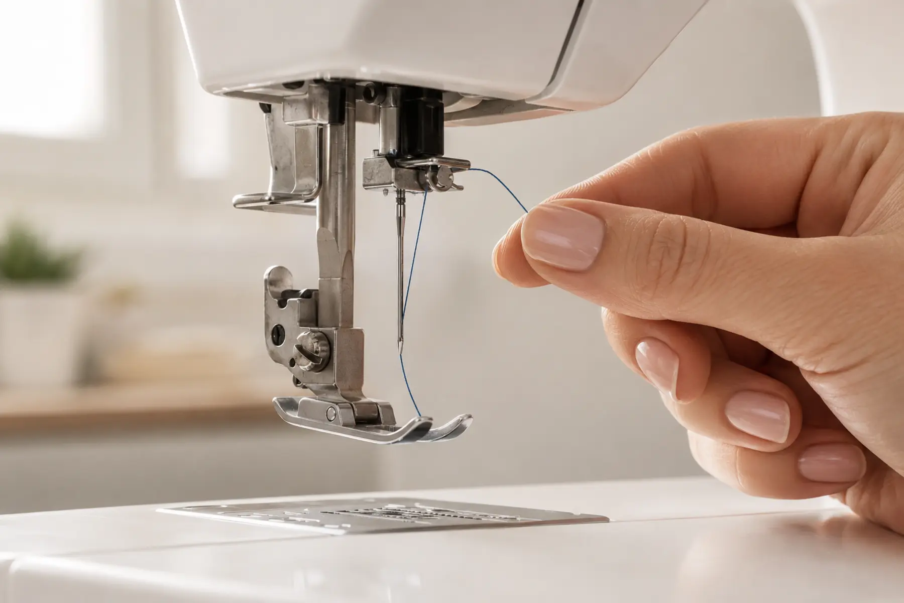 Close-up of a single blue thread being guided through the needle area of a domestic sewing machine
