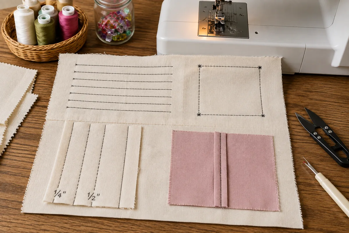 Beginner sewing machine practice exercises Beginner sewing practice exercises showing straight lines corners and seam allowances