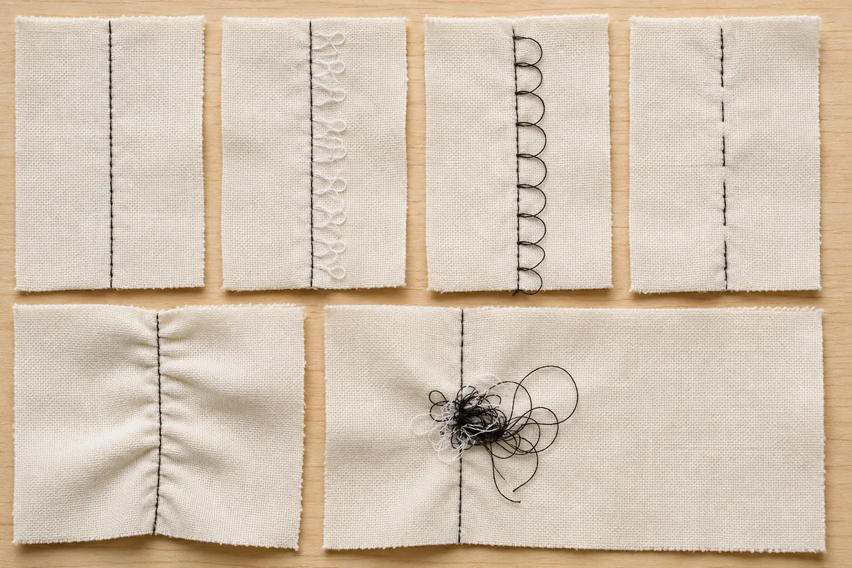 Common sewing stitch problems comparison Fabric samples comparing balanced stitches with common sewing stitch problems