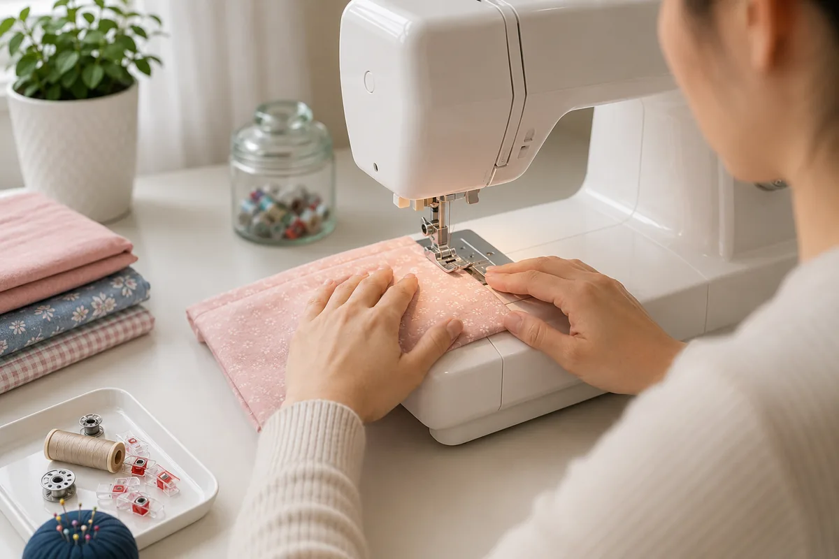 Correct hand placement while sewing Hands resting safely on both sides of fabric while guiding it through a sewing machine