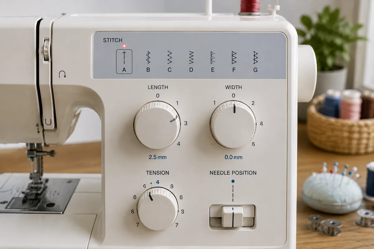 Beginner sewing machine stitch settings Close view of safe straight stitch settings for a beginner sewing machine user