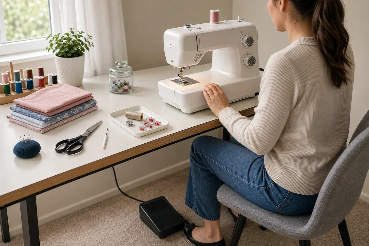 Safe beginner sewing machine workspace Beginner seated at a stable and organized sewing machine workspace