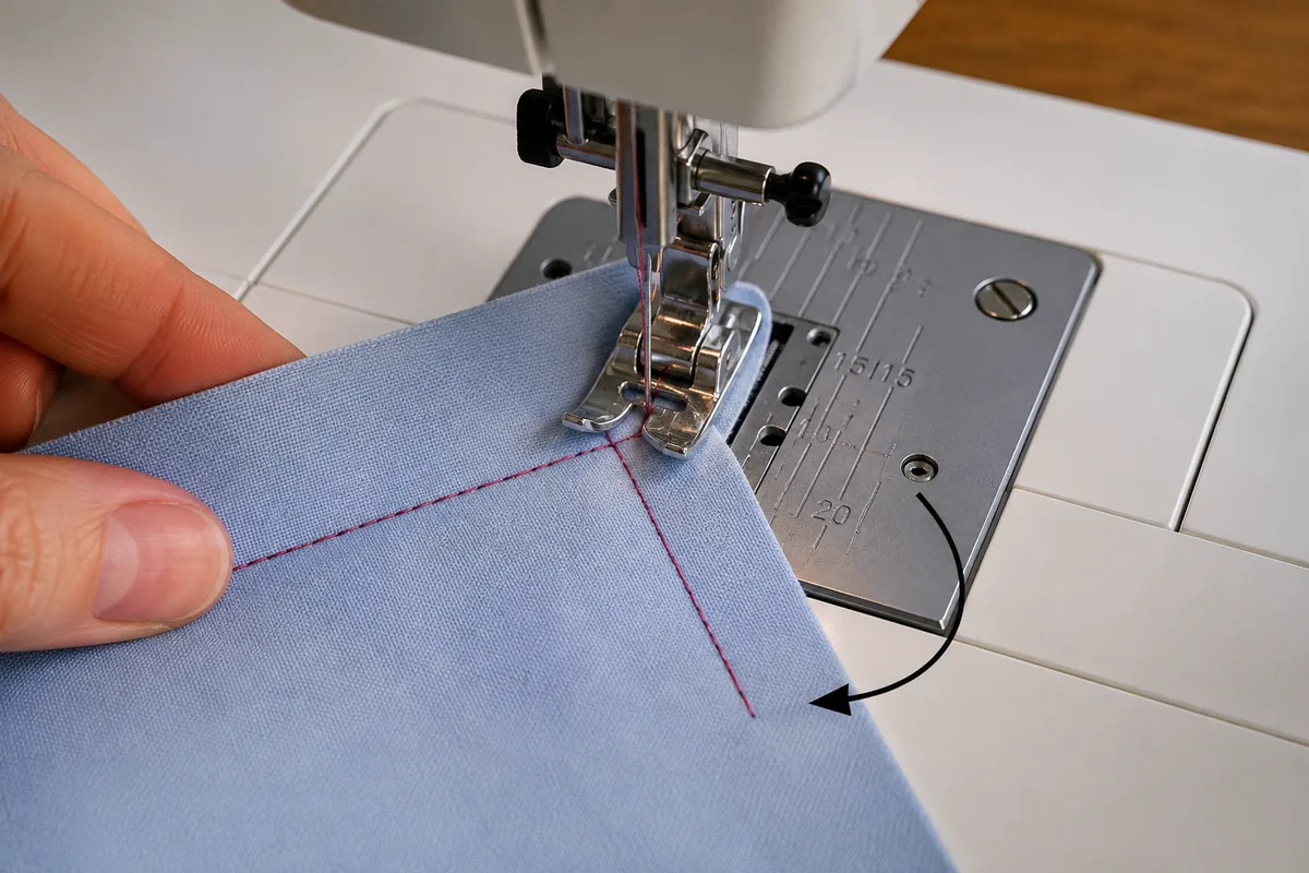Turning a fabric corner with the needle down Fabric being turned at a corner while the sewing machine needle remains down
