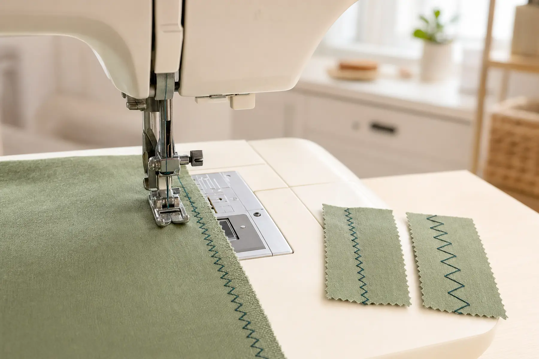 Close-up of a zigzag stitch being sewn on fabric