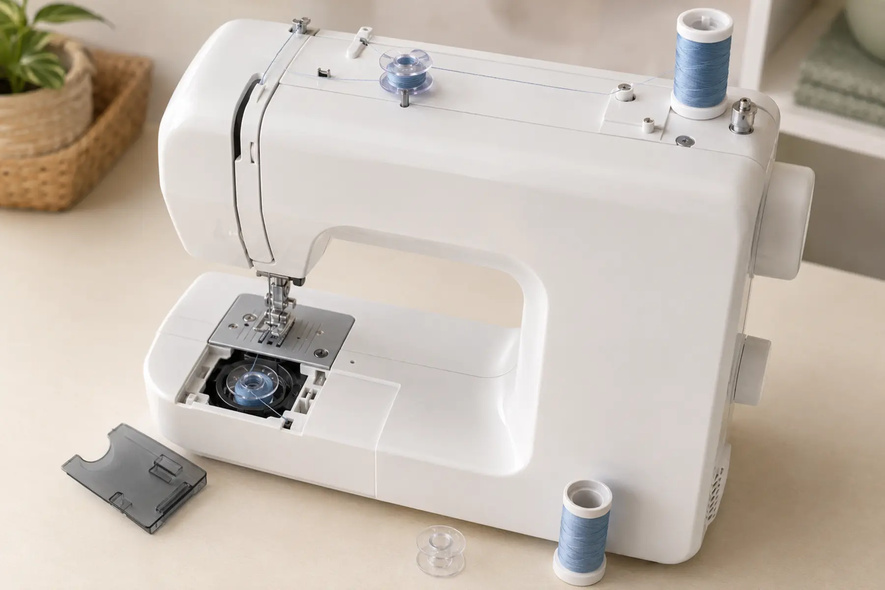Sewing machine bobbin winding and insertion setup