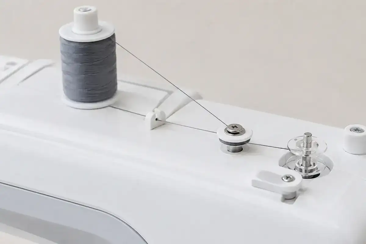 Thread following the correct bobbin winding path across the top of a sewing machine
