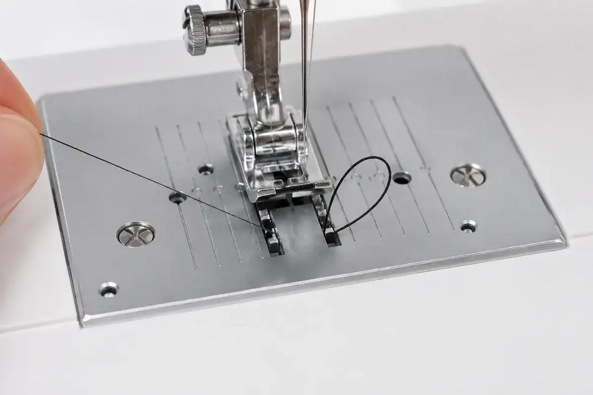 Bobbin thread loop being pulled up through the sewing machine needle plate