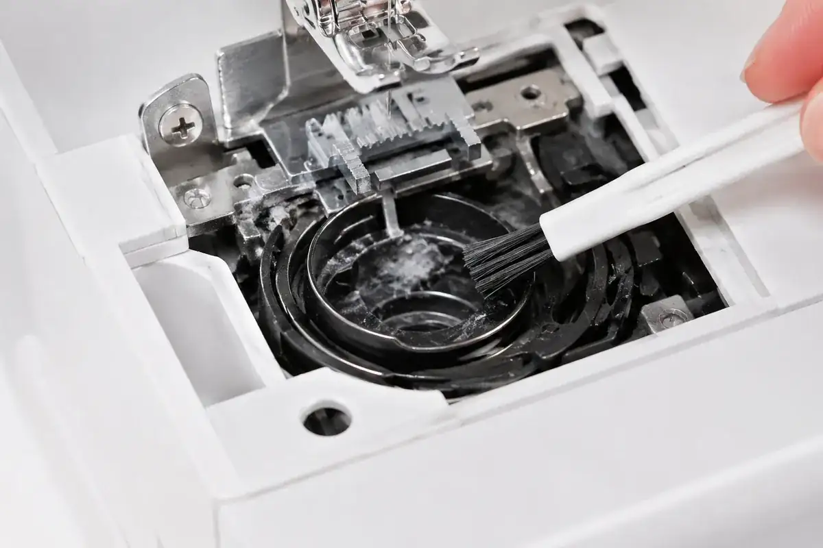 Soft cleaning brush removing lint from the sewing machine bobbin area