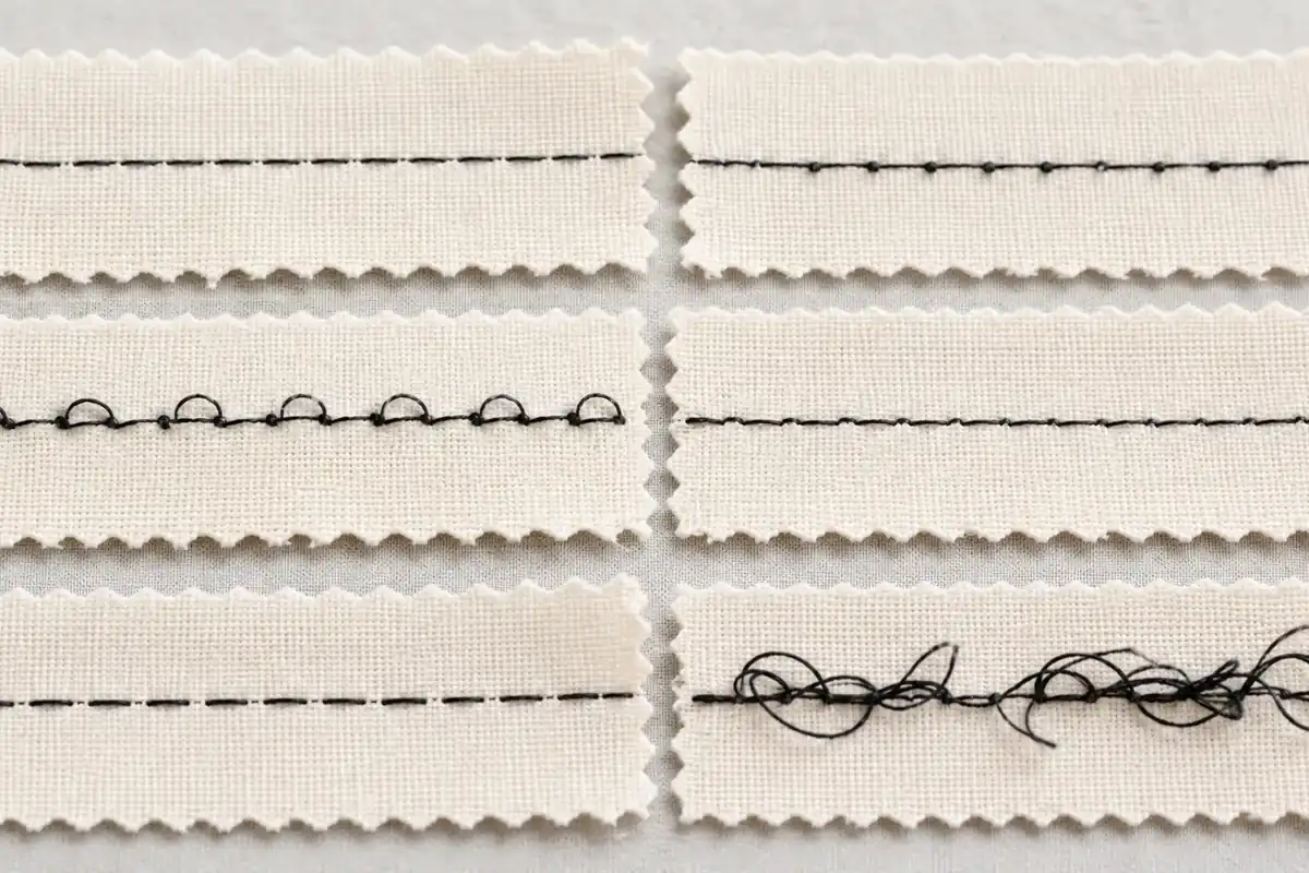Fabric samples comparing balanced stitches with loose thread loops and tangles