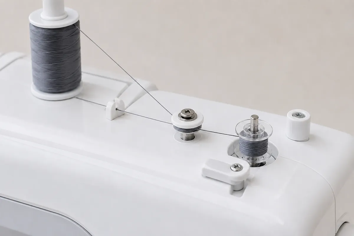 Clear sewing machine bobbin winding evenly on the bobbin winder spindle