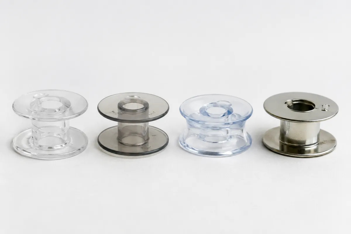 Plastic and metal sewing machine bobbins shown side by side for type comparison