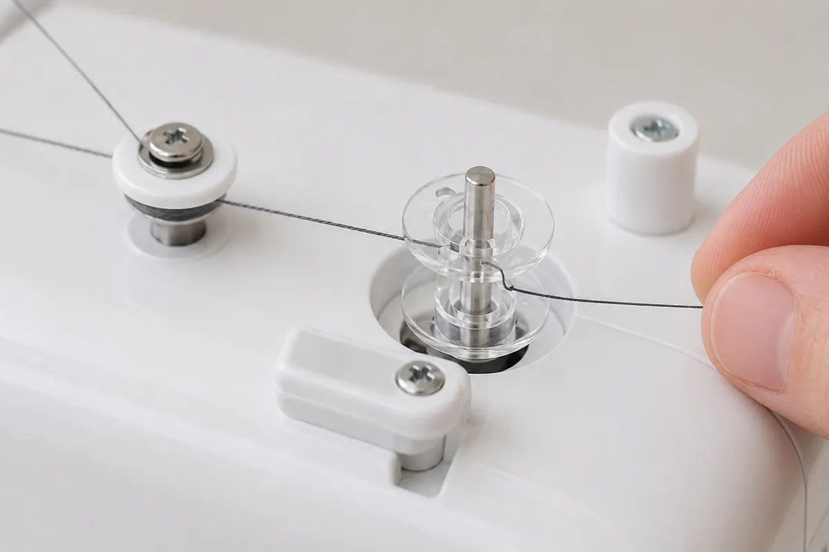 Thread passed through the hole of an empty clear sewing machine bobbin before winding