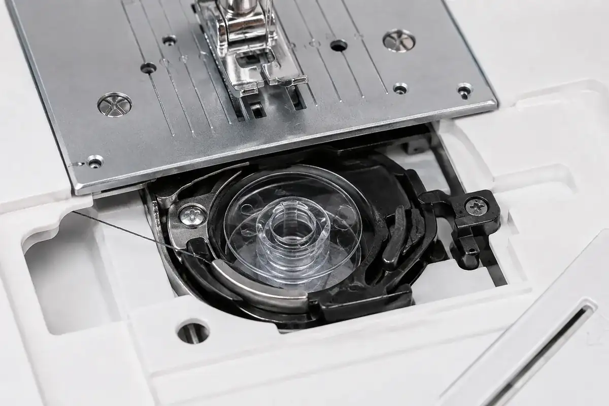 Correctly seated top-loading drop-in bobbin with thread guided through the tension path