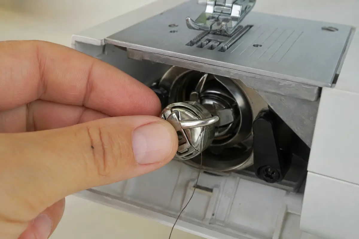 Inserting a front-loading sewing machine bobbin case Hand positioning a threaded metal bobbin case in a front-loading sewing machine shuttle
