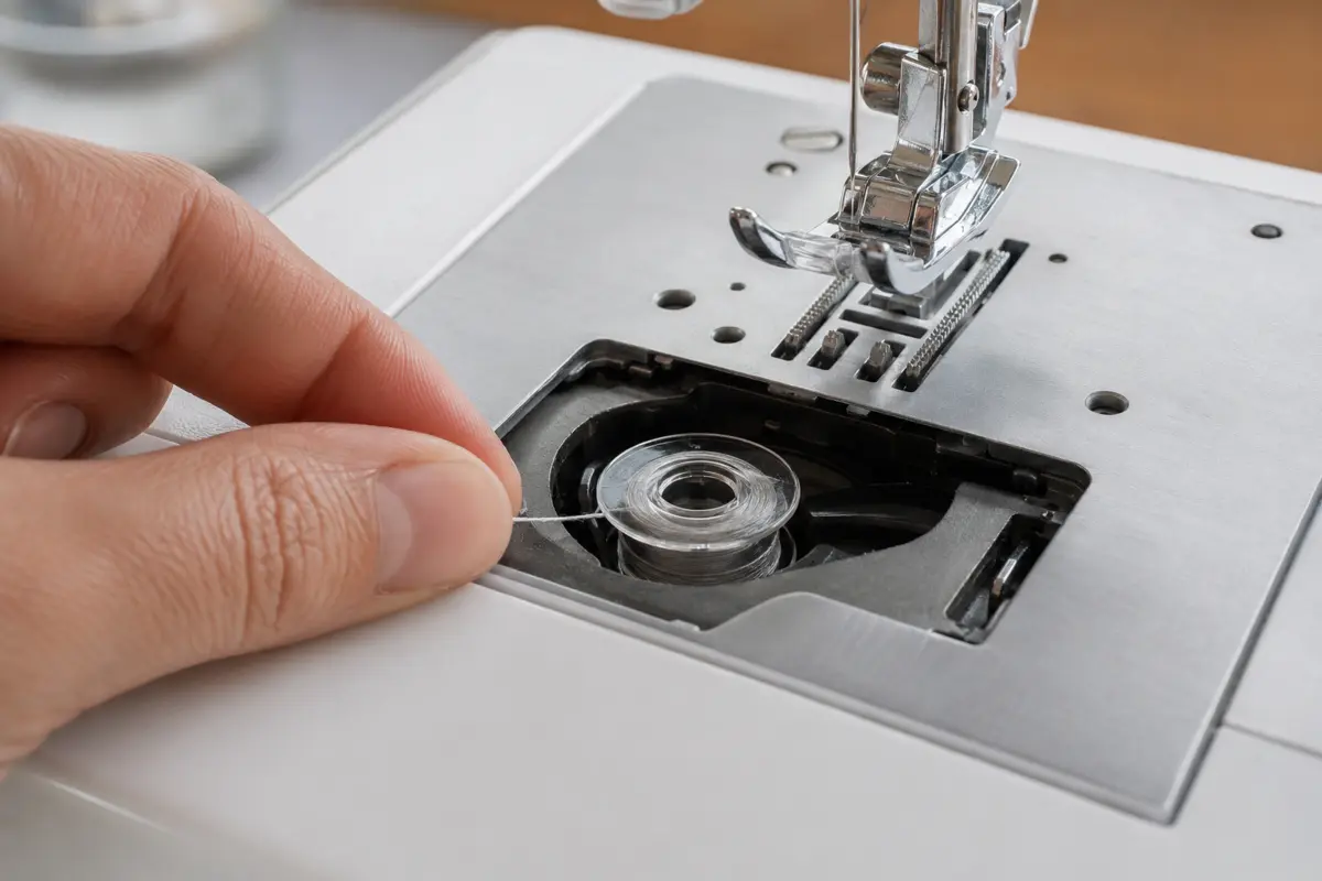Inserting a top-loading sewing machine bobbin Hand guiding thread from a correctly seated top-loading sewing machine bobbin