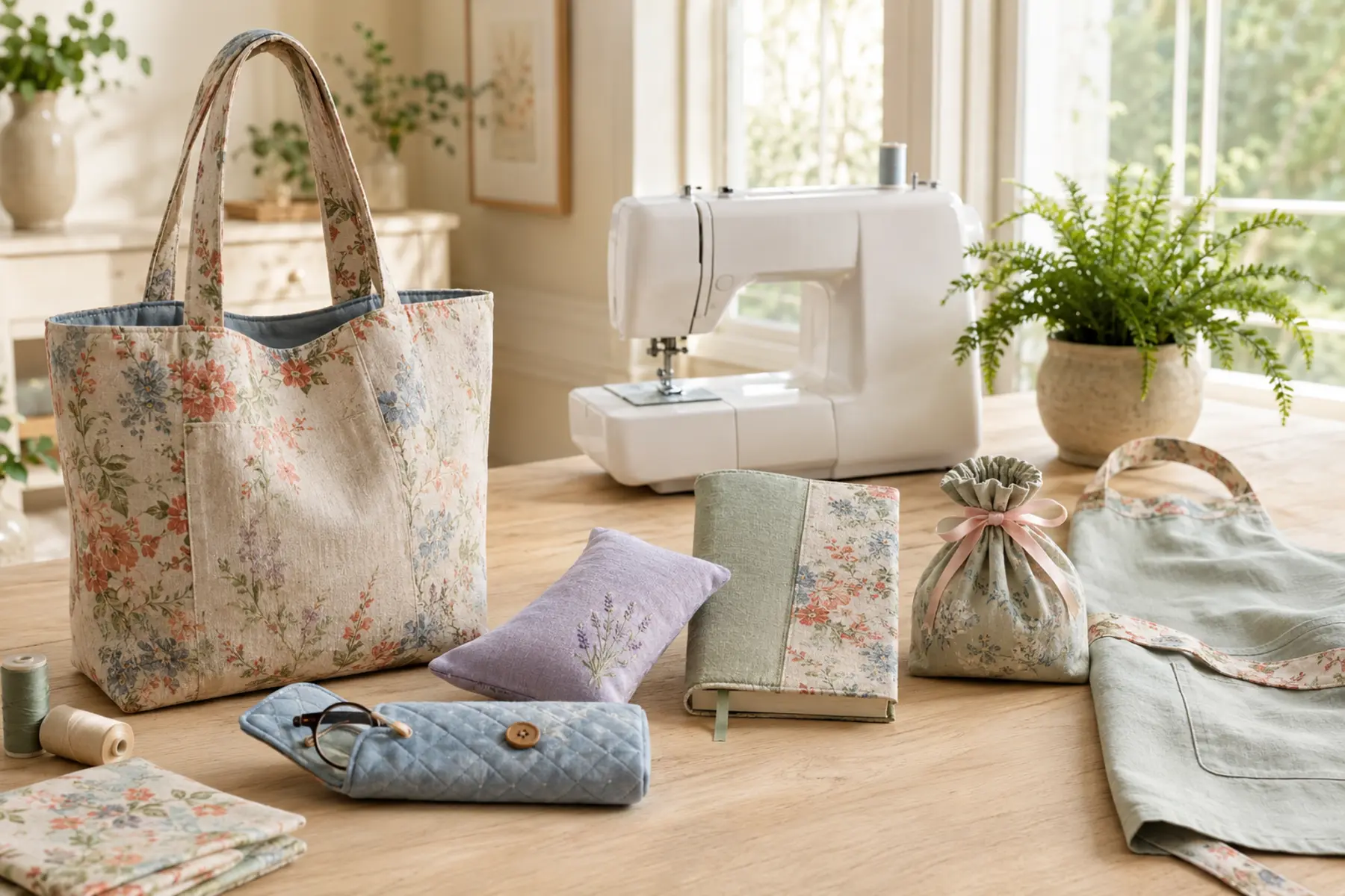 Handmade Mother's Day sewing projects including a floral tote, apron, glasses case, journal cover and gift pouch in a bright sewing room