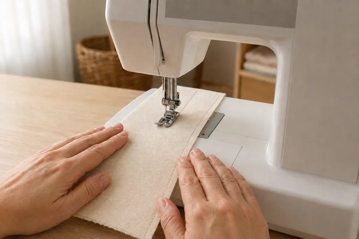 Sewing the first sewing machine test seam Hands guiding two layers of woven cotton while sewing a straight test seam