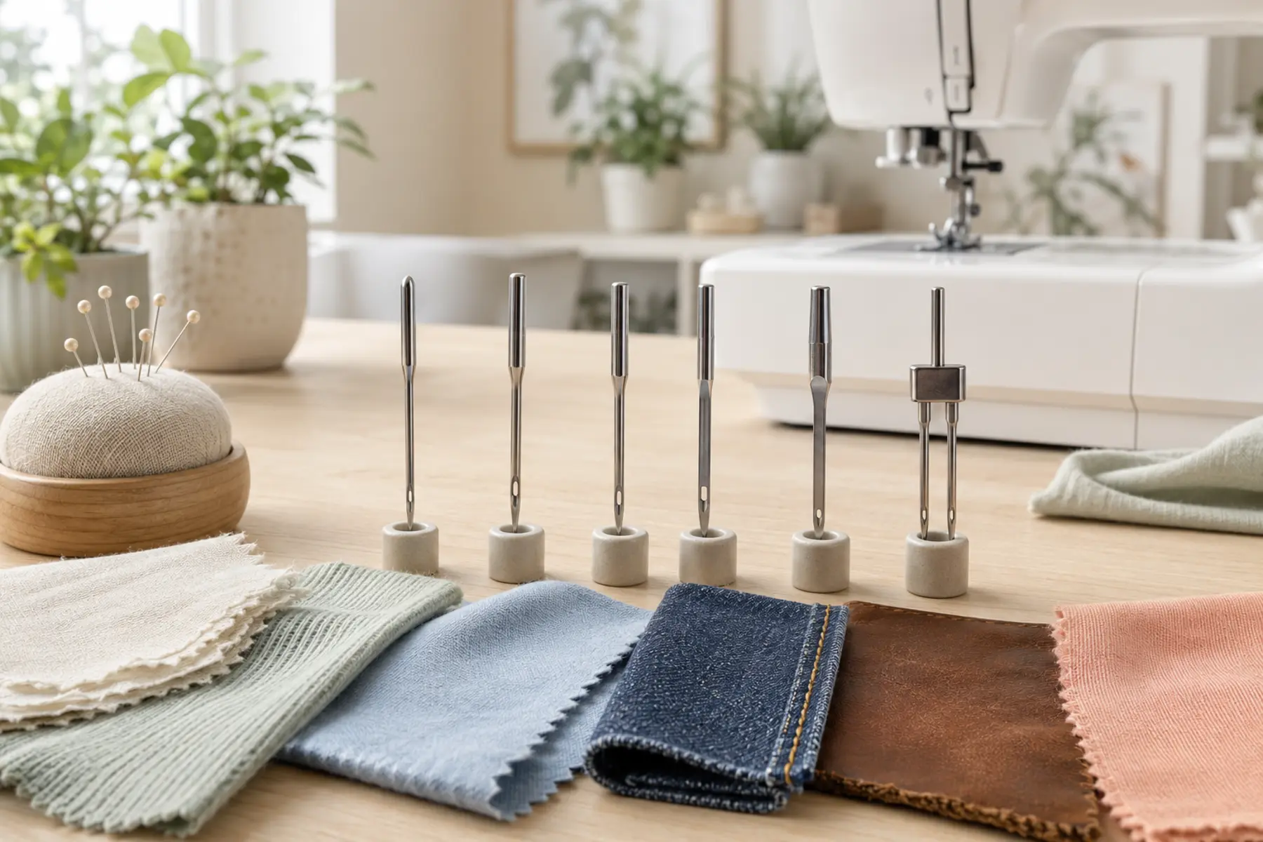 Different sewing machine needle types arranged with cotton, knit, denim and leather fabric samples in a daylight sewing room