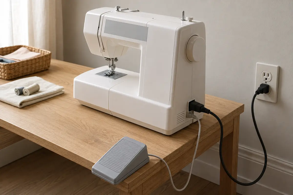 Sewing machine power cord and foot-pedal connection White sewing machine with separate power and foot-pedal cables connected beside a wall outlet