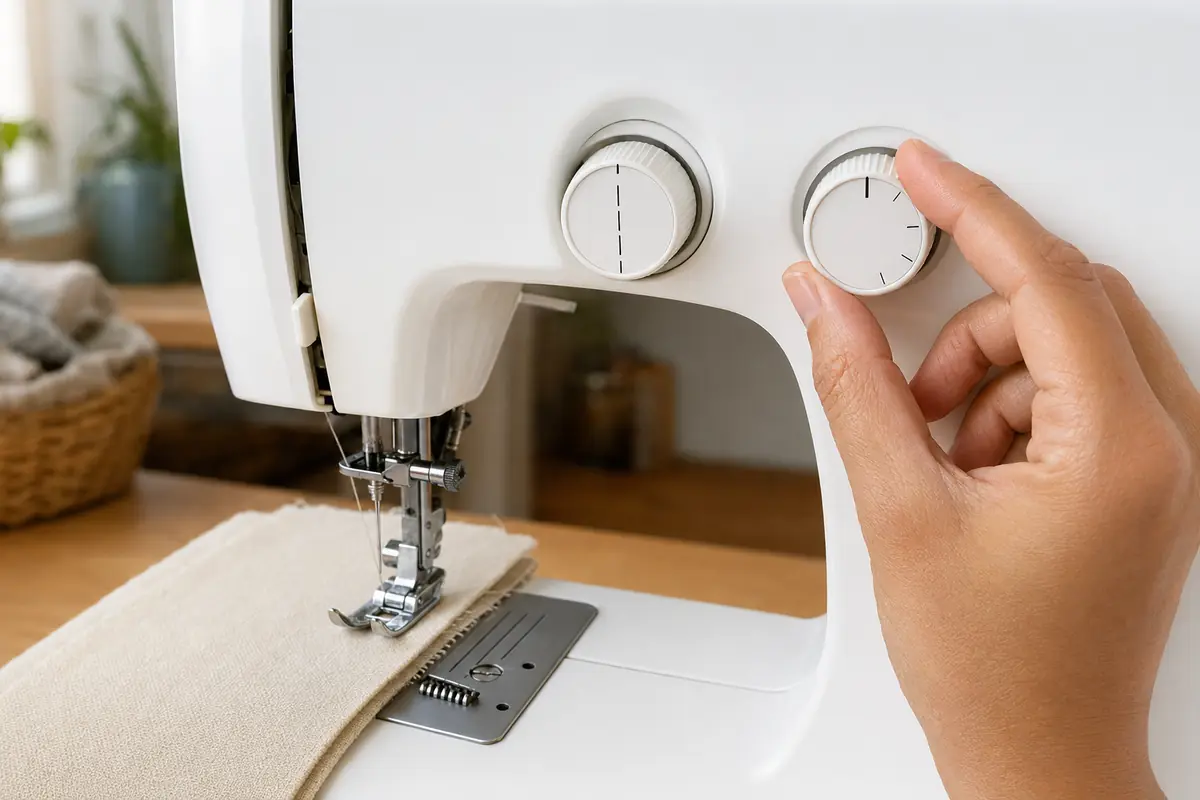Safe beginner sewing machine settings for a first test Hand adjusting sewing machine settings with the needle centred over two layers of woven cotton